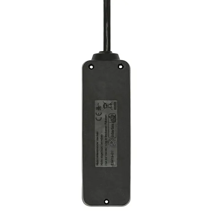 Steckdosenleiste - Schwarz, Kabellänge: 3 m, Ohne Schalter - Nahaufnahme eines grauen elektronischen Geräts mit einem Kabel, das oben herausragt, und verschiedenen Etiketten und Symbolen.
