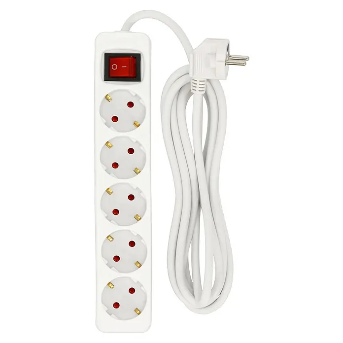 Steckdosenleiste - Anzahl Steckdosen Schuko: 5 Stk., Weiß, Kabellänge: 3 m, Mit Schalter - Steckdosenleiste mit fünf Steckdosen, einem Schalter und einem weißen Kabel. Ideal für den Einsatz zu Hause oder im Büro, um mehrere Geräte anzuschließen.