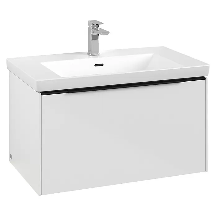 Villeroy & Boch Subway 3.0 Waschbeckenunterschrank - Brilliant White, Anzahl Schubladen: 1 Stk., Farbe Griff: Volcano Black, B x T x H: 77,2 x 47,8 x 42,9 cm, Mit Beleuchtung - Weißer Waschtischunterschrank mit integriertem Waschbecken und modernem Wasserhahn. Elegantes Design für Badezimmer.