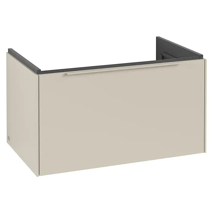 Villeroy & Boch Subway 3.0 Waschbeckenunterschrank - Cashmere Grey, Anzahl Schubladen: 1 Stk., Farbe Griff: Monochrom, B x T x H: 77,2 x 47,8 x 42,9 cm, Mit Beleuchtung - Nahaufnahme eines Badezimmermöbels, das modernes Design und Funktionalität vereint. Es besticht durch klare Linien und eine helle Farbgebung.