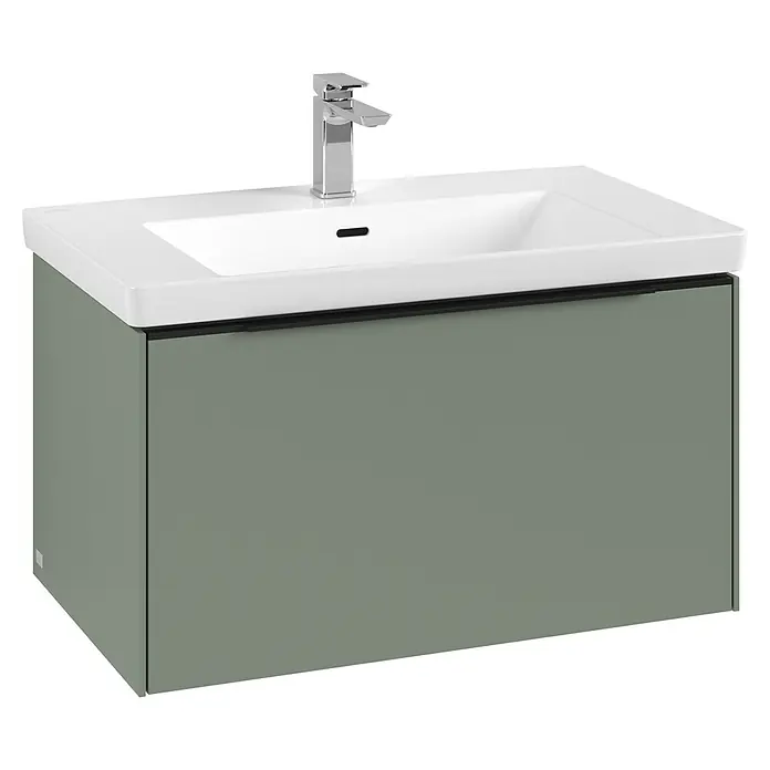 Villeroy & Boch Subway 3.0 Waschbeckenunterschrank - Soft Green, Anzahl Schubladen: 1 Stk., Farbe Griff: Volcano Black, B x T x H: 77,2 x 47,8 x 42,9 cm, Mit Beleuchtung - Ein moderner Waschtischunterschrank in einem gedämpften Grünton mit einer weißen Keramikspüle und einem Chromhahn, der Eleganz und Funktionalität vereint.