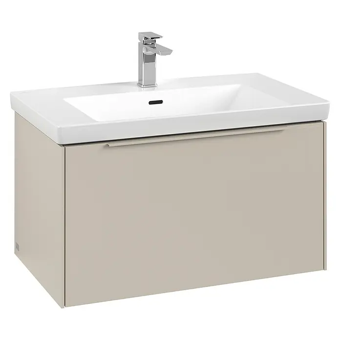 Villeroy & Boch Subway 3.0 Waschbeckenunterschrank - Cashmere Grey, Anzahl Schubladen: 1 Stk., Farbe Griff: Monochrom, B x T x H: 77,2 x 47,8 x 42,9 cm, Mit Beleuchtung - Ein stilvoller Waschtischunterschrank in Beige mit einem modernen weißen Waschbecken und einer eleganten Armatur.