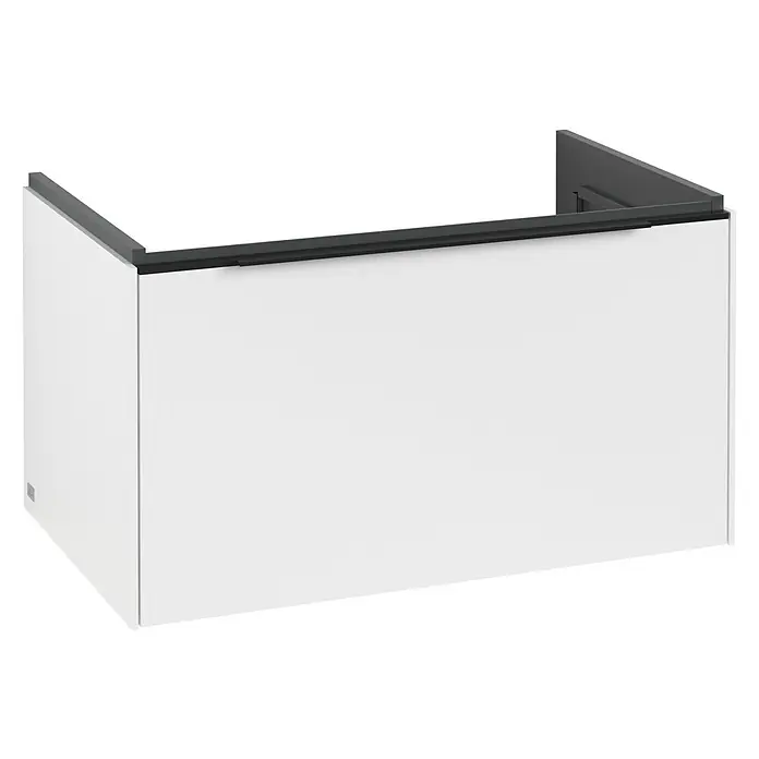 Villeroy & Boch Subway 3.0 Waschbeckenunterschrank - Pure White, Anzahl Schubladen: 1 Stk., Farbe Griff: Volcano Black, B x T x H: 77,2 x 47,8 x 42,9 cm, Mit Beleuchtung - Produktansicht eines weißen Waschtischunterschranks mit dunkelgrauer Abdeckung, ideal für moderne Badezimmerdesigns und stilvolle Aufbewahrung.