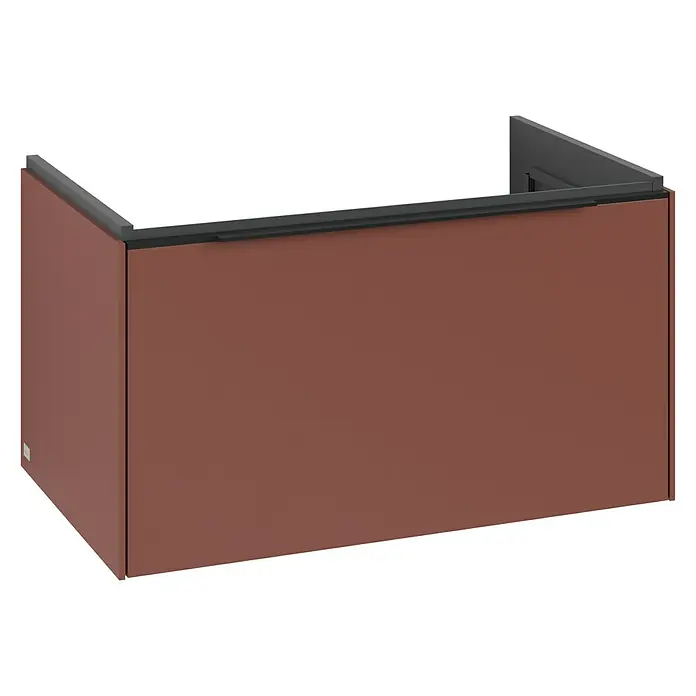 Villeroy & Boch Subway 3.0 Waschbeckenunterschrank - Wine Red, Anzahl Schubladen: 1 Stk., Farbe Griff: Volcano Black, B x T x H: 77,2 x 47,8 x 42,9 cm, Mit Beleuchtung - Braun lackierte Duschwand mit schwarzem Profil. Die Duschabtrennung ist modern und minimalistisch gestaltet.