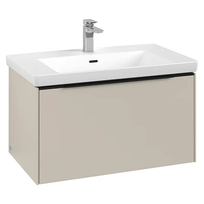 Villeroy & Boch Subway 3.0 Waschbeckenunterschrank - Cashmere Grey, Anzahl Schubladen: 1 Stk., Farbe Griff: Volcano Black, B x T x H: 77,2 x 47,8 x 42,9 cm, Mit Beleuchtung - Waschbeckenunterschrank in Beige mit weißem Waschbecken und Chromarmatur. Ein modernes und stilvolles Badezimmermöbelstück.