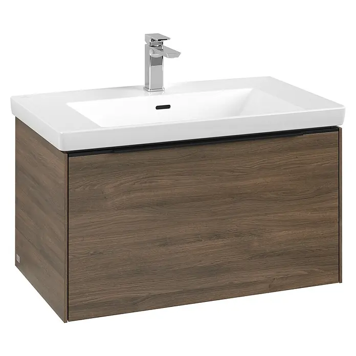 Villeroy & Boch Subway 3.0 Waschbeckenunterschrank - Arizona Oak, Anzahl Schubladen: 1 Stk., Farbe Griff: Volcano Black, B x T x H: 77,2 x 47,8 x 42,9 cm, Mit Beleuchtung - Waschtischunterschrank mit Holzstruktur und weißem Becken. Zeitgemäßes Design für Badezimmer.
