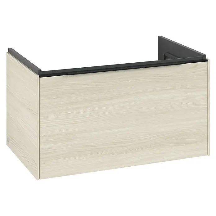 Villeroy & Boch Subway 3.0 Waschbeckenunterschrank - White Oak, Anzahl Schubladen: 1 Stk., Farbe Griff: Volcano Black, B x T x H: 77,2 x 47,8 x 42,9 cm, Mit Beleuchtung - Ein Waschbeckenunterschrank in hellem Holzdekor mit dunklen Akzenten bietet stilvollen Stauraum im Badezimmer. Praktisches Badmöbelstück.