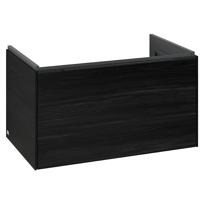 Villeroy & Boch Subway 3.0 Waschbeckenunterschrank - Black Oak, Anzahl Schubladen: 1 Stk., Farbe Griff: Volcano Black, B x T x H: 77,2 x 47,8 x 42,9 cm, Mit Beleuchtung - Bild eines modernen, dunklen Waschtischunterschranks mit einer markanten Holzmaserung und einem schlichten Design. Der Waschtisch ist ideal für moderne Badezimmer.