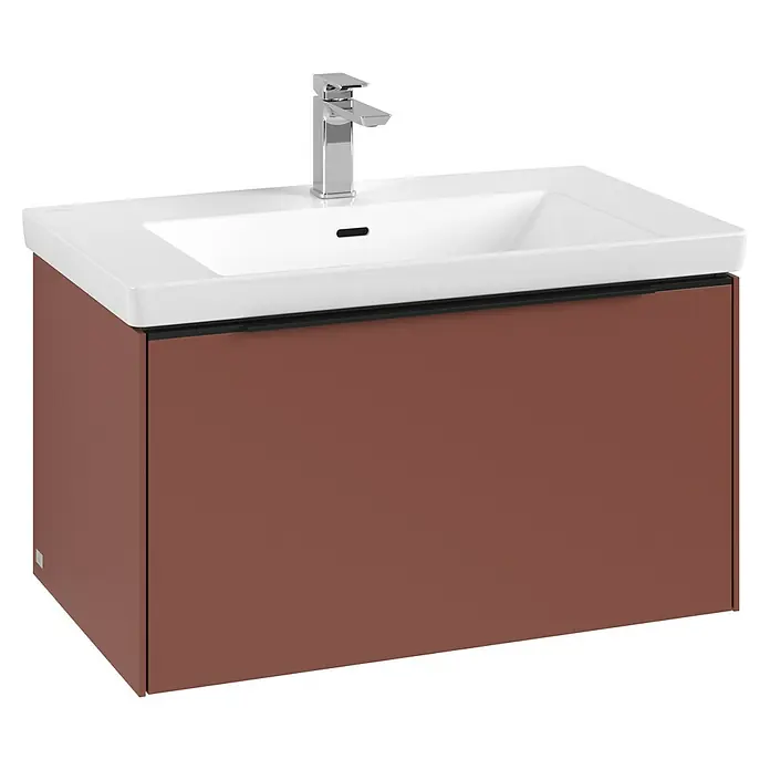 Villeroy & Boch Subway 3.0 Waschbeckenunterschrank - Wine Red, Anzahl Schubladen: 1 Stk., Farbe Griff: Volcano Black, B x T x H: 77,2 x 47,8 x 42,9 cm, Mit Beleuchtung - Waschtischunterschrank in Braun mit einem weißen Waschbecken und einer Armatur aus Chrom, der ein elegantes und modernes Design bietet.