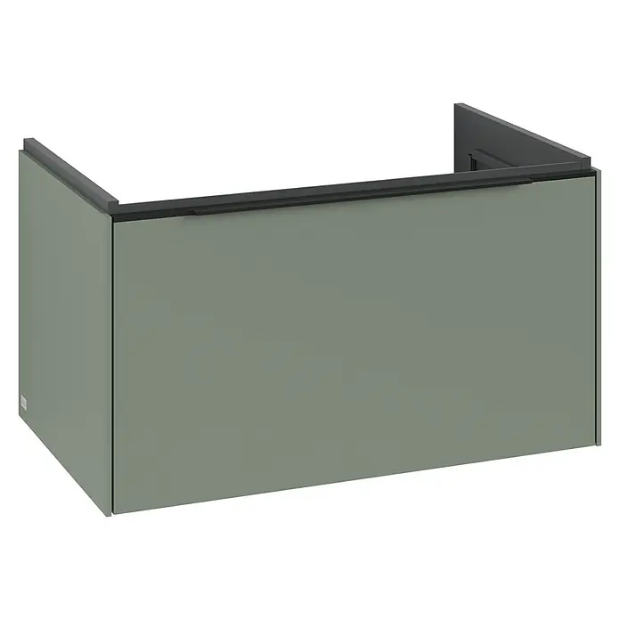 Villeroy & Boch Subway 3.0 Waschbeckenunterschrank - Soft Green, Anzahl Schubladen: 1 Stk., Farbe Griff: Volcano Black, B x T x H: 77,2 x 47,8 x 42,9 cm, Mit Beleuchtung - Hier ist ein Bild eines schlichten, modernen Duschabtrennung in einem neutralen Farbton mit dunklen Akzenten.