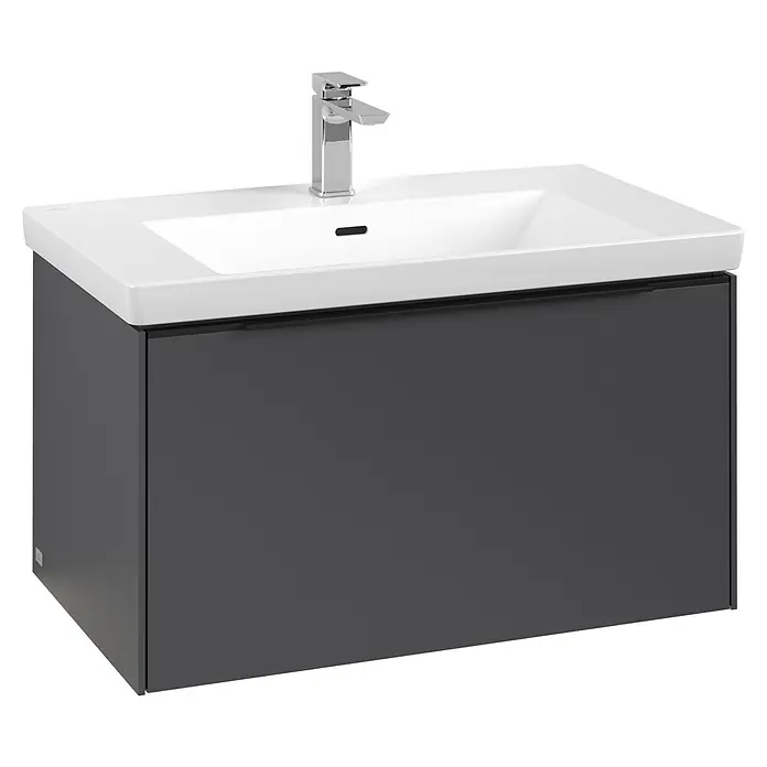 Villeroy & Boch Subway 3.0 Waschbeckenunterschrank - Graphite, Anzahl Schubladen: 1 Stk., Farbe Griff: Volcano Black, B x T x H: 77,2 x 47,8 x 42,9 cm, Mit Beleuchtung - Ein moderner Waschtisch mit grauem Unterschrank und weißem Aufsatzwaschbecken mit Armatur. Das Badmöbelstück ist eine stilvolle Ergänzung für jedes Badezimmer.