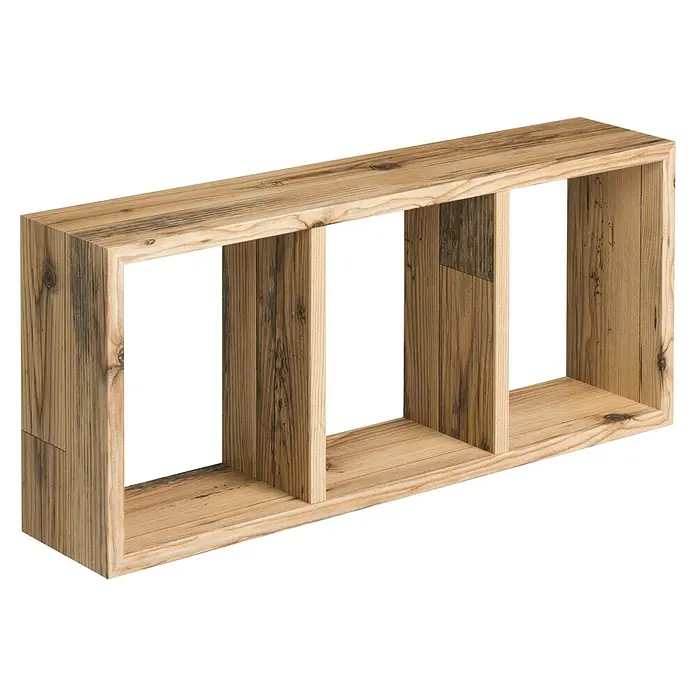 Format Wandregal Triade - L x B x H: 70 x 15 x 30 cm, Alpine - Ein horizontales Holzregal mit drei Fächern, das natürliche Holzmaserung und unterschiedliche Brauntöne aufweist.