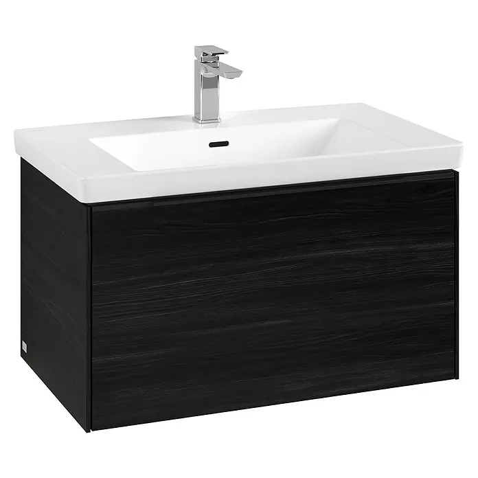 Villeroy & Boch Subway 3.0 Waschbeckenunterschrank - Black Oak, Anzahl Schubladen: 1 Stk., Farbe Griff: Volcano Black, B x T x H: 77,2 x 47,8 x 42,9 cm, Mit Beleuchtung - Elegantes Waschbecken mit Unterschrank in dunkler Holzoptik. Modernes Design für stilvolle Badezimmergestaltung.