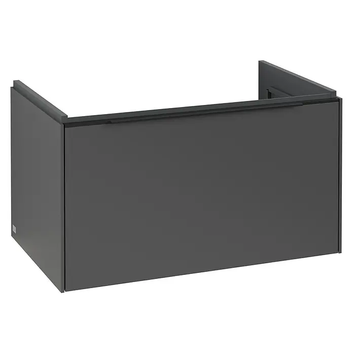 Villeroy & Boch Subway 3.0 Waschbeckenunterschrank - Graphite, Anzahl Schubladen: 1 Stk., Farbe Griff: Volcano Black, B x T x H: 77,2 x 47,8 x 42,9 cm, Mit Beleuchtung - Das Bild zeigt einen stilvollen, grauen Waschtischunterschrank, der mit seinem modernen Design und seiner Funktionalität überzeugt. Ideal für jedes Badezimmer.
