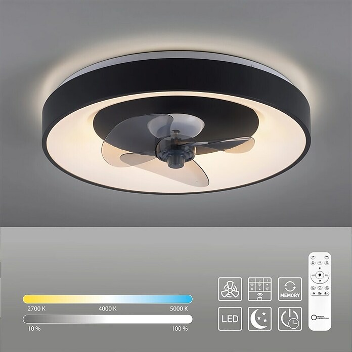 Just Light Plafondventilator Venika met verlichting (Zwart, Ø x h: 48,6 x 12 cm, 36 W) | BAUHAUS