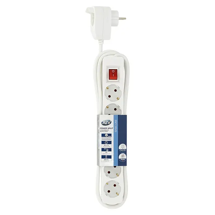 Steckdosenleiste Powersplit - Anzahl Steckdosen Schuko: 7 Stk., Weiß, Kabellänge: 2 m, Mit Schalter - Weißer REV Power Split Mehrfachstecker mit sechs Steckdosen und Schalter. Mit Überlastschutz und zwei Meter Kabellänge.