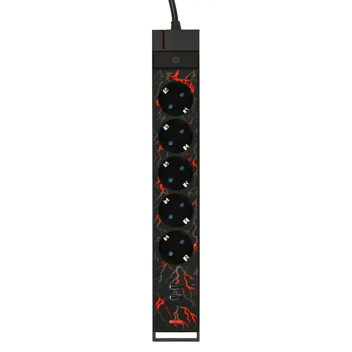 Steckdosenleiste - 5-fach, Schwarz, Kabellänge: 1,4 m, Mit Schalter - Produktbild einer Steckdosenleiste mit mehreren Steckdosen und USB-Anschlüssen in einem modernen Design.