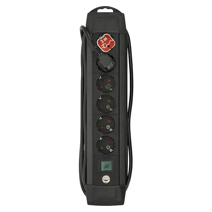 Brennenstuhl Steckdosenleiste Premium Line Plus - 6-fach, Schwarz, Kabellänge: 3 m, Mit Schalter - Eine schwarze Brennenstuhl Premium-Line Steckdosenleiste mit 5 Steckdosen und einem 3 Meter langen Kabel.