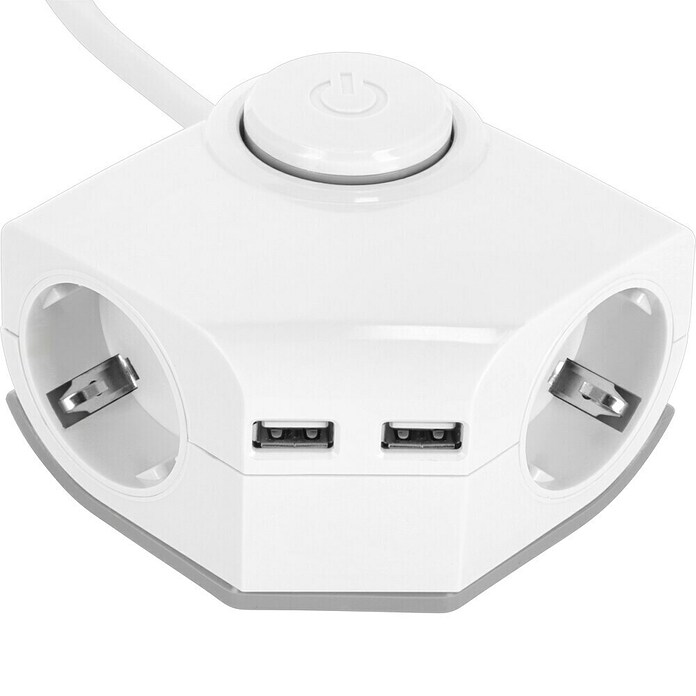 REV Produžni kabel s utičnicama (2-struko, Bijelo, Duljina kabela: 1,5 m, 2 USB priključka, S prekidačem)
