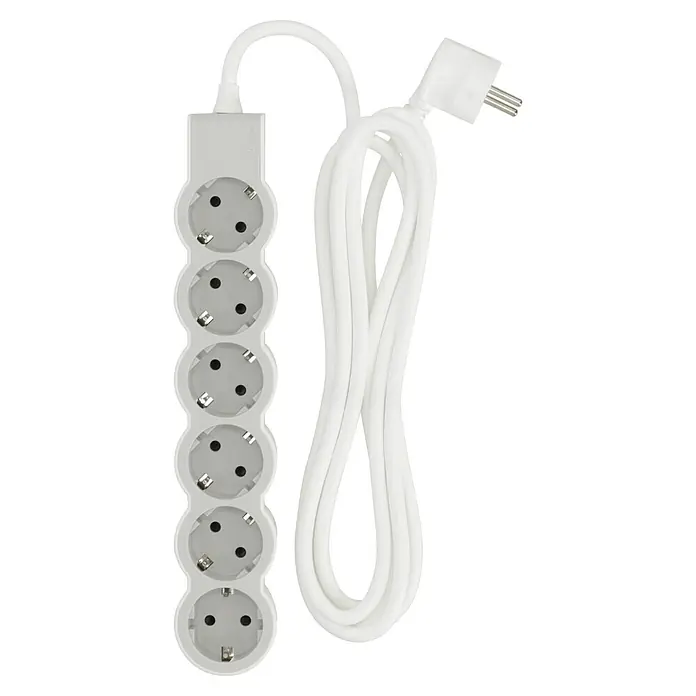 Legrand Steckdosenleiste - 6-fach, Ultraweiß/Grau, Kabellänge: 3 m, IP20, Ohne Schalter - Weiße Steckdosenleiste mit sechs Steckdosen und einem langen weißen Kabel mit Stecker. Ideal für den Innenbereich, um mehrere Geräte anzuschließen.