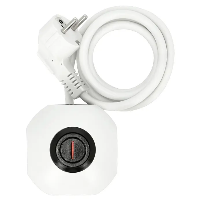 REV Steckdosenball - Weiß/Schwarz, 1,4 m - Ein weißes Smart Home Gerät mit einem deutschen Stecker und einem runden Knopf, der mit einem roten Strich zum Ein- und Ausschalten versehen ist.