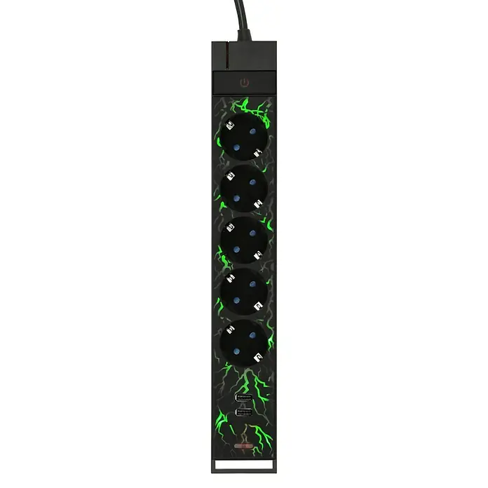 Steckdosenleiste - 5-fach, Schwarz, Kabellänge: 1,4 m, Mit Schalter - Stromverteilerleiste mit mehreren Steckdosen und USB-Anschlüssen, verziert mit einem grünen Blitzdesign für Gamer.