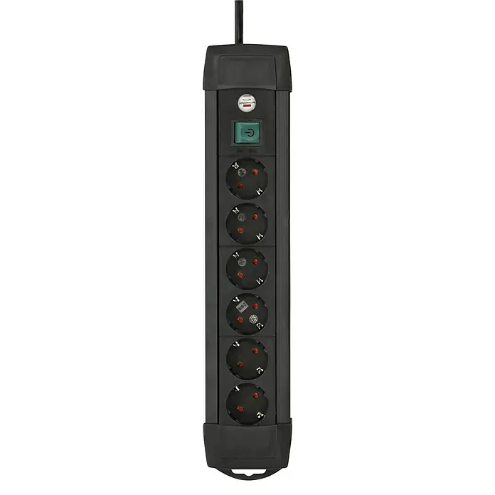 Brennenstuhl Steckdosenleiste Premium Line Plus - 6-fach, Schwarz, Kabellänge: 3 m, Mit Schalter - Abbildung einer schwarzen Steckerleiste mit sechs Steckdosen, einem Schalter und einem Sicherungselement.
