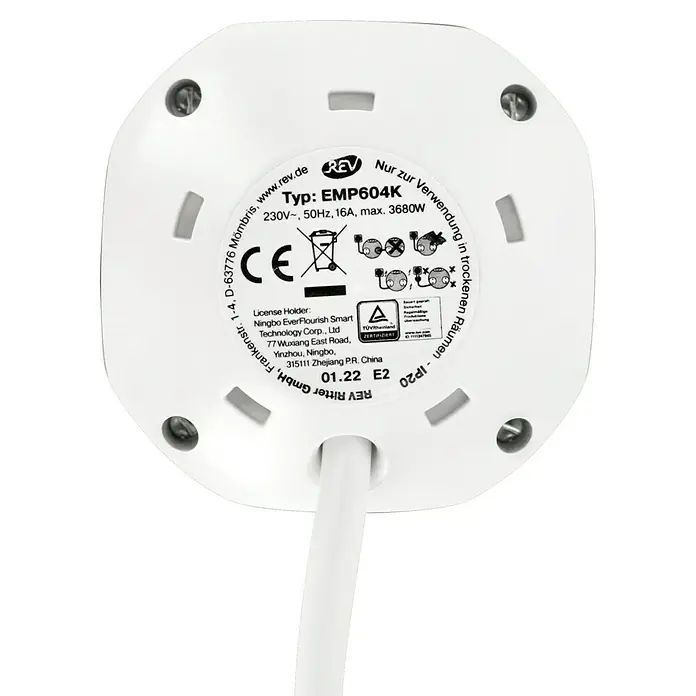 REV Steckdosenball - Weiß/Schwarz, 1,4 m - Nahaufnahme eines weißen REV Ritter EMP604K-Adapters mit technischen Details und Zertifizierungen.