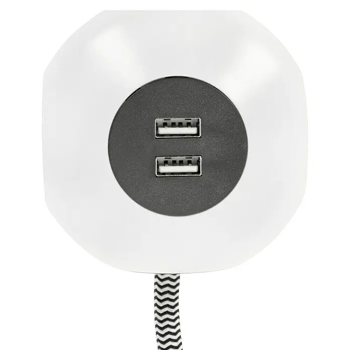 Voltomat Steckdosenwürfel - 4-fach, Weiß/Schwarz, 1,4 m - Nahaufnahme einer weißen USB-Ladestation mit zwei USB-Anschlüssen und einem schwarz-weiß gestreiften Kabel.