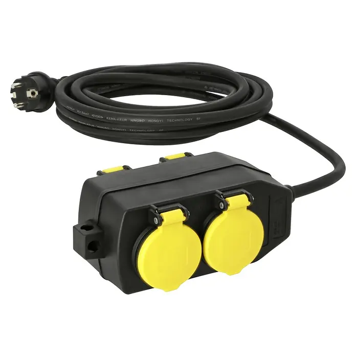 Steckdosenleiste - Schwarz/Gelb, Kabellänge: 5 m, IP44, Ohne Schalter, H07RN-F - Eine schwarze Verteilersteckdose mit zwei gelben Schutzkontaktsteckdosen und einem schwarzen Kabel mit Stecker.