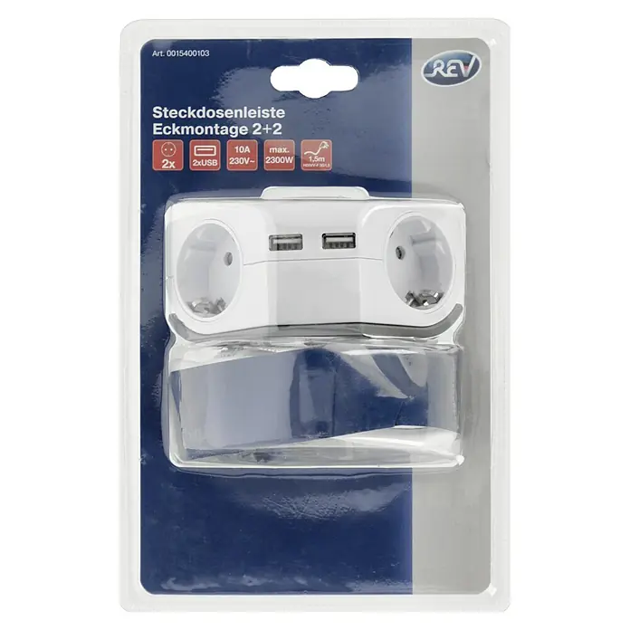 REV Steckdosenleiste - 2-fach, Weiß, Kabellänge: 1,5 m, IP20, Mit Schalter - Abbildung einer REV Steckdosenleiste Eckmontage 2+2 mit 2 Steckdosen und 2 USB-Anschlüssen in Originalverpackung.