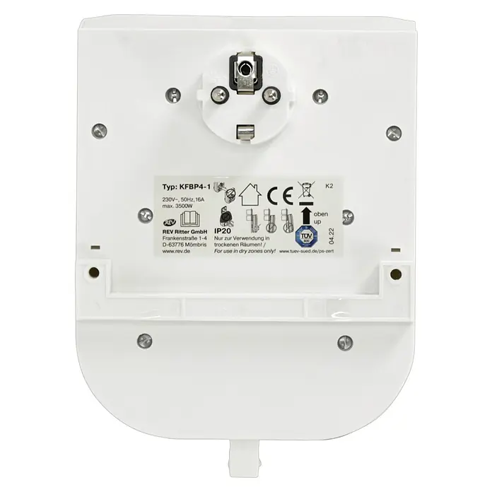 REV Steckdosenleiste - 4-fach, Weiß/Silber, Ohne Schalter - Das weiße KFBP4-1-Produkt mit den Spezifikationen 230V, 50Hz, 16A und max. 3500W ist ideal für trockene Umgebungen und zeichnet sich durch CE-Kennzeichnung aus.