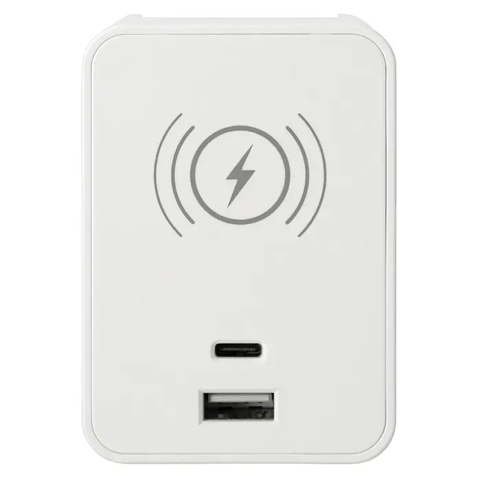 Voltomat USB-Adapter Typ A & C Wireless charging - Weiß - Weiße Ladestation mit USB- und USB-C-Anschlüssen sowie einem Symbol für kabelloses Laden.