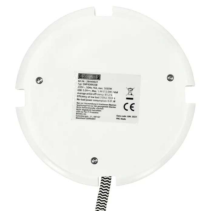 Voltomat Steckdosenleiste - 4-fach, Weiß/Schwarz, Kabellänge: 1,4 m, Mit Schalter - Produktetikett eines weißen Voltomaten EMP606KUSB-Steckers mit technischen Daten und CE-Kennzeichnung.