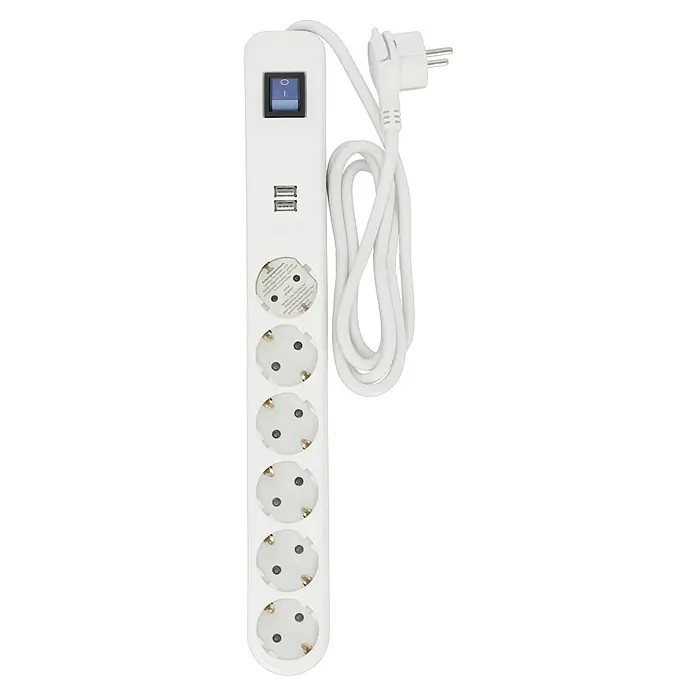 REV Steckdosenleiste - 6-fach, Weiß/Grau, Kabellänge: 1,4 m, IP20, Mit Schalter - Mehrfachsteckdose in Weiß mit USB-Anschlüssen und Schalter. Optimal für Büro oder Zuhause, um mehrere Geräte gleichzeitig anzuschließen.