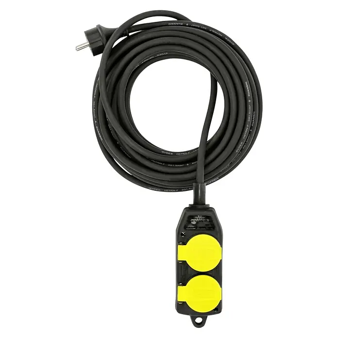 Voltomat Steckdosenleiste - Schwarz/Gelb, Kabellänge: 10 m, IP44, Ohne Schalter - Eine schwarze Verlängerungskabeltrommel mit zwei gelben Steckdosen. Robust und ideal für den Einsatz im Freien.