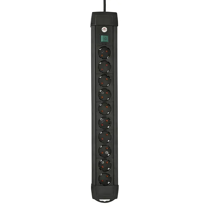 Brennenstuhl Steckdosenleiste Premium Line Plus - 10-fach, Schwarz, Kabellänge: 3 m, Mit Schalter - Eine schwarze Steckdosenleiste mit mehreren Steckplätzen und einem Schalter für den sicheren Betrieb elektronischer Geräte.