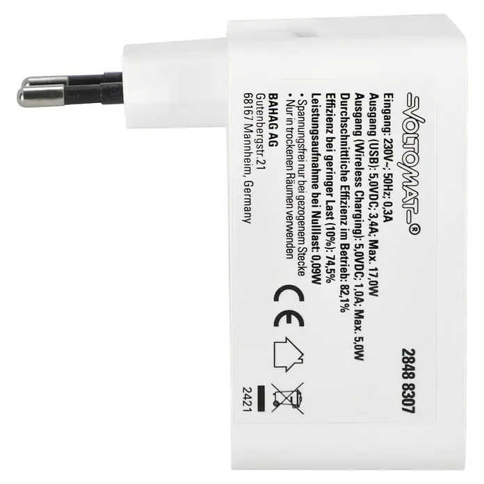 Voltomat USB-Adapter Typ A & C Wireless charging - Weiß - Abbildung eines VOLTOMAT-Ladegeräts mit technischen Daten wie Eingang, Ausgang und Effizienz. Informationen zu Sicherheitshinweisen sind ebenfalls enthalten.