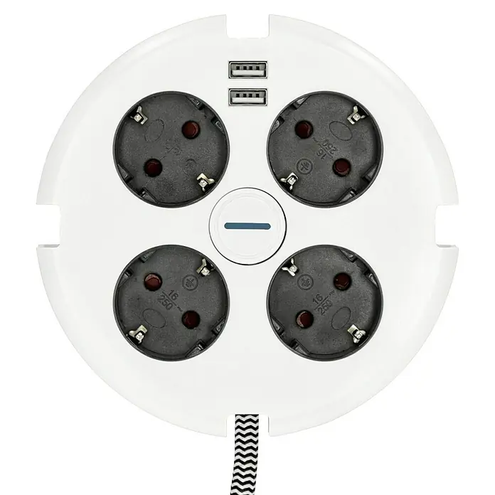 Voltomat Steckdosenleiste - 4-fach, Weiß/Schwarz, Kabellänge: 1,4 m, Mit Schalter - Ein runder, weißer Mehrfachstecker mit vier Steckdosen und zwei USB-Anschlüssen, ideal für den flexiblen Einsatz im Haushalt oder Büro.