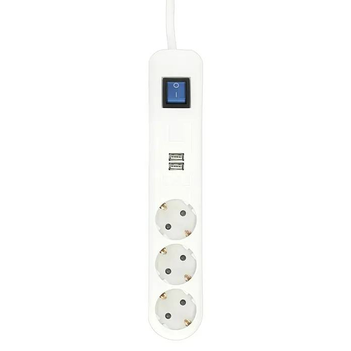 REV Steckdosenleiste - 3-fach, Weiß/Grau, Kabellänge: 1,4 m, IP20, Mit Schalter - Weißer Steckdosenleiste mit Schalter, USB-Anschlüssen und drei Steckdosen für den Einsatz im Innenbereich, ideal für Büro oder Zuhause.