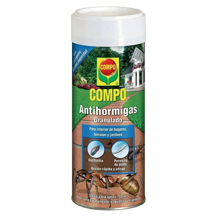 Compo Antihormigas - 500 g - Un envase de COMPO Antihormigas Granulat, un producto para el control de plagas contra hormigas, cochinillas y pececillos de plata para interior, terrazas y jardines.