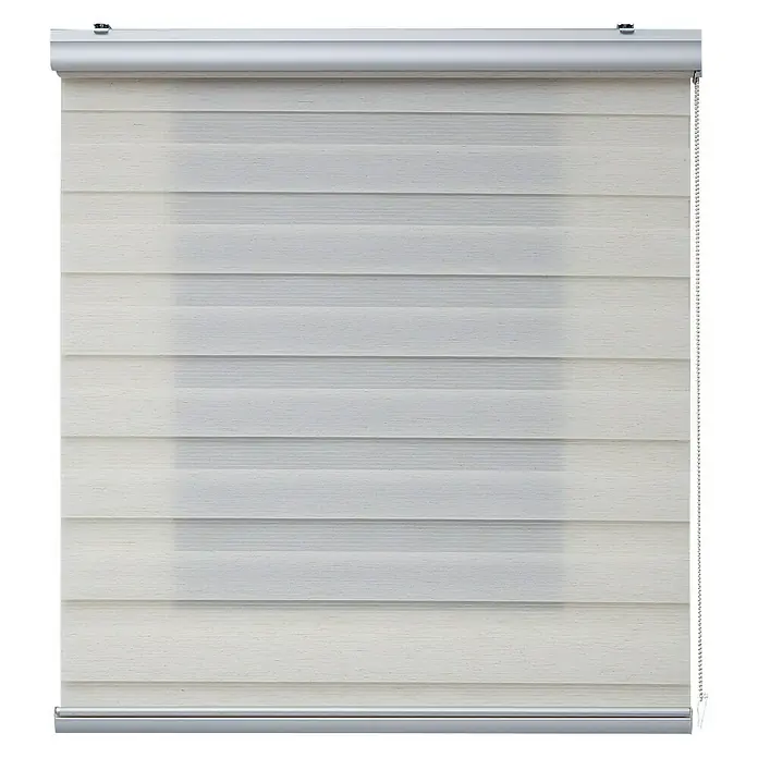 Estor noche y día Platinum - An x Al: 200 x 250 cm, Lino - Primer plano de un estor enrollable doble blanco y gris, que ofrece un ambiente moderno y elegante para cualquier ventana.