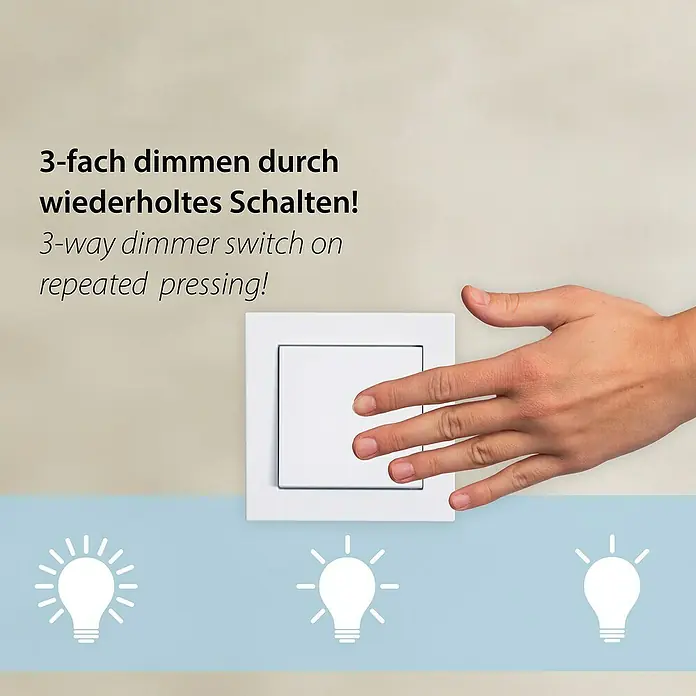 Just Light LED-Deckenleuchte Mini Ritus - 36 W, L x B x H: 120 x 42 x 7 cm, Schwarz, Warmweiß - Bild einer Hand, die einen 3-fach-Dimmerschalter betätigt, mit Lichtsymbolen, die die Dimmstufen darstellen.
