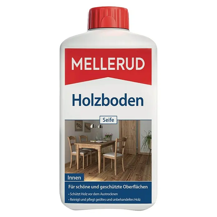Mellerud Reinigungs- & Pflegemittel Holz-Seife - 1 l, Flasche mit kindergesichertem Verschluss - Bild einer Flasche Mellerud Holzbodenseife für die Reinigung und Pflege von geölten und unbehandelten Holzböden im Innenbereich.