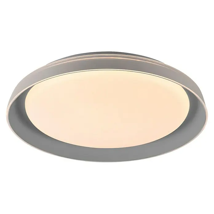 Paul Neuhaus LED-Deckenleuchte rund Sati - 23,5 W, Ø x H: 43 x 8,5 cm, Grau, Warmweiß - Nahaufnahme einer runden LED-Deckenleuchte mit einem schlichten grauen Rahmen und warmweißem Licht. Elegantes Design für moderne Wohnräume.
