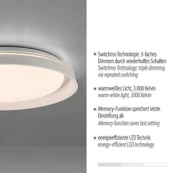 Paul Neuhaus LED-Deckenleuchte rund Sati - 23,5 W, Ø x H: 43 x 8,5 cm, Weiß, Warmweiß - Nahaufnahme einer runden, weißen LED-Deckenleuchte mit Dimmfunktion und Speicherfunktion für energiesparende Beleuchtung.