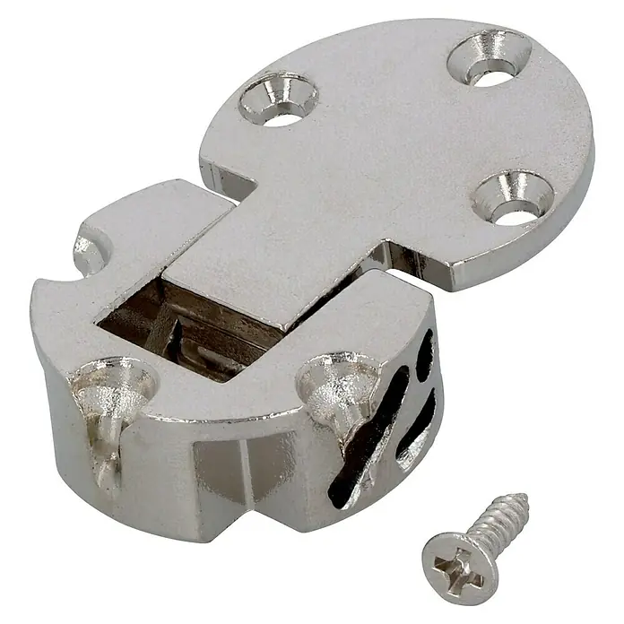 Häfele Klappenscharnier - Ø x H: 30 x 12 mm - Nahaufnahme eines Möbelverbinders und einer Schraube. Der silberfarbene Beschlag ist ein vielseitiges Element für Möbelbauprojekte.