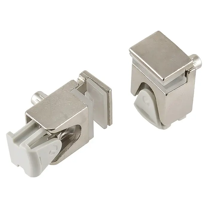 Suki Soporte para estantes - Apto para: Espesor del vidrio hasta 5 mm - Dos soportes para estantes de vidrio, de metal plateado y plástico blanco, uno abierto y uno cerrado.