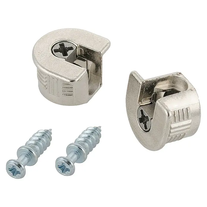 Suki Racor de conexión - An x Al: 12,5 x 20 mm, Metal - Conectores excéntricos plateados y tornillos para montaje de muebles.