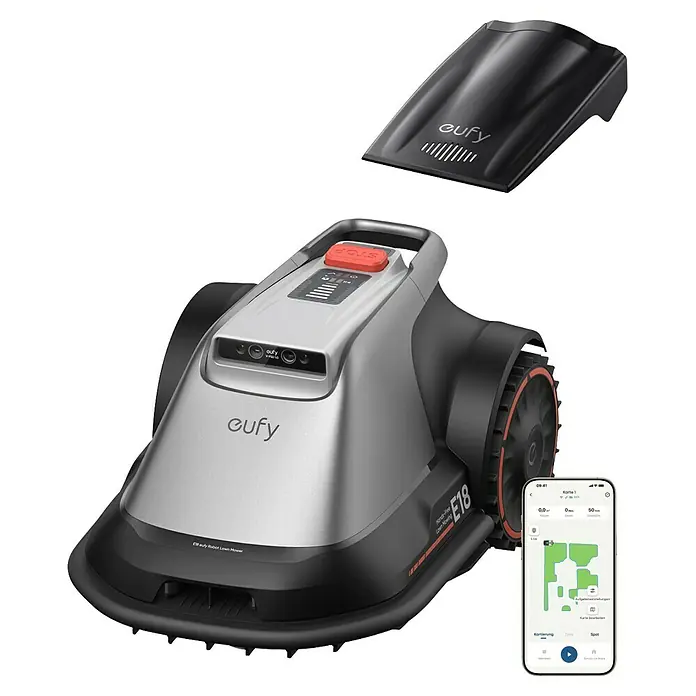 Eufy Mähroboter-Set E18 inkl. Garage - 1.200 m², Schnittbreite: 20,3 cm, Kamera-gestützte Navigation, GPS - Das Bild zeigt einen Eufy Robotermäher, der für die automatische Rasenpflege konzipiert ist, mit Ladestation und Smartphone-App zur Steuerung.